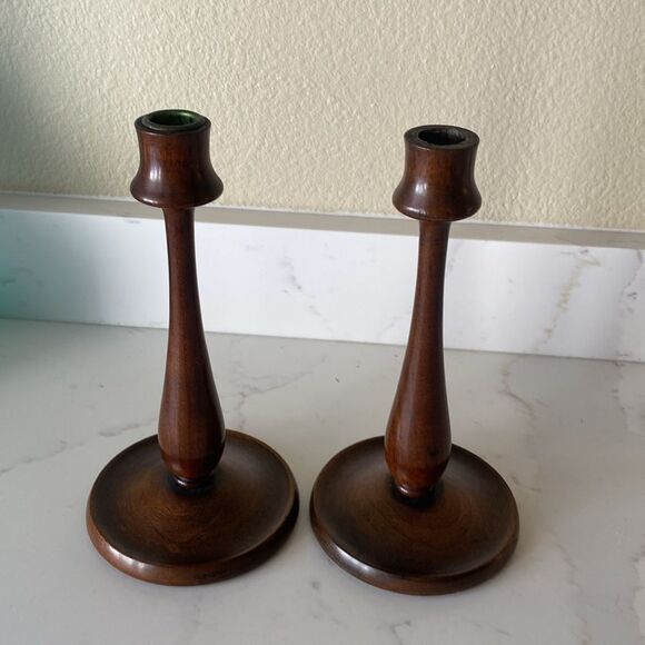 Vintage Hand turned Wooden Candlesticks Set of 2 - Picture 1 of 7